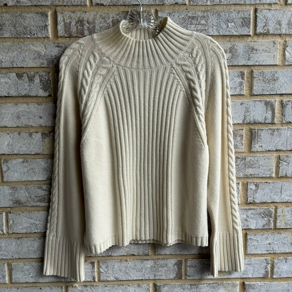 Talbots Long Sleeve Mock Neck Cable Knit Cream Sweater Women's Size M Petite - Picture 2 of 9